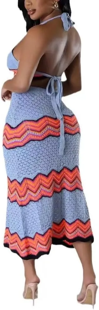 Women Two-Piece Skirt Set Fishing Net Knittin Hollow Out Off Shoulder Beach Dresses Outfit Bodycon Maxi Dress