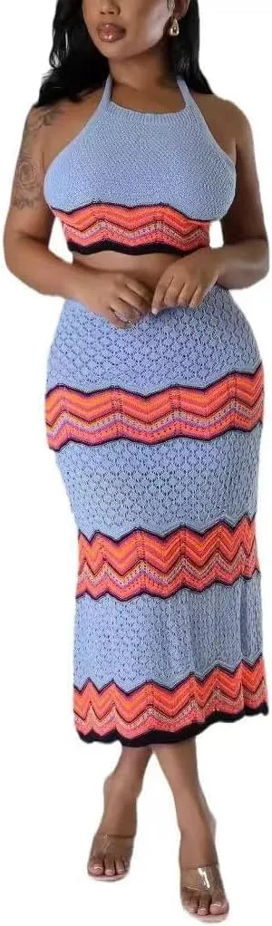 Women Two-Piece Skirt Set Fishing Net Knittin Hollow Out Off Shoulder Beach Dresses Outfit Bodycon Maxi Dress