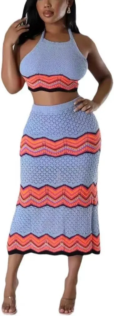 Women Two-Piece Skirt Set Fishing Net Knittin Hollow Out Off Shoulder Beach Dresses Outfit Bodycon Maxi Dress