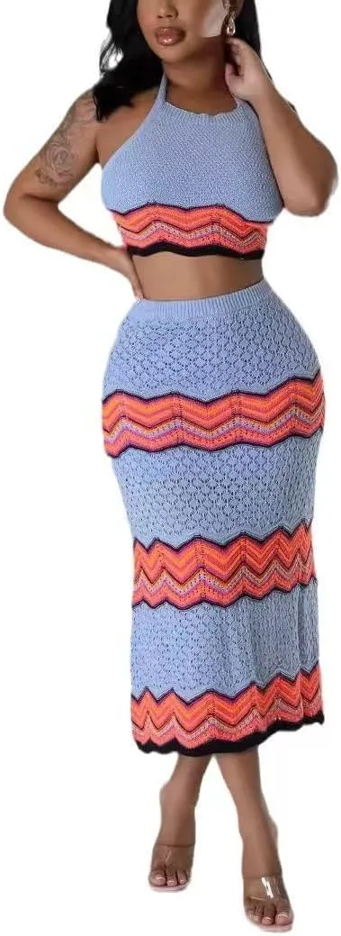 Women Two-Piece Skirt Set Fishing Net Knittin Hollow Out Off Shoulder Beach Dresses Outfit Bodycon Maxi Dress