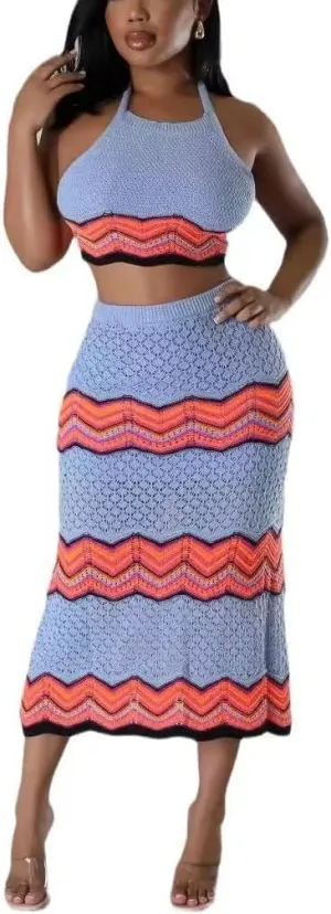 Women Two-Piece Skirt Set Fishing Net Knittin Hollow Out Off Shoulder Beach Dresses Outfit Bodycon Maxi Dress