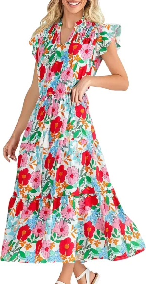 Women's 2025 Summer Floral Boho Dress V Neck Ruffle Sleeve Drawstring Flowy Tiered Midi Beach Dress with Pockets