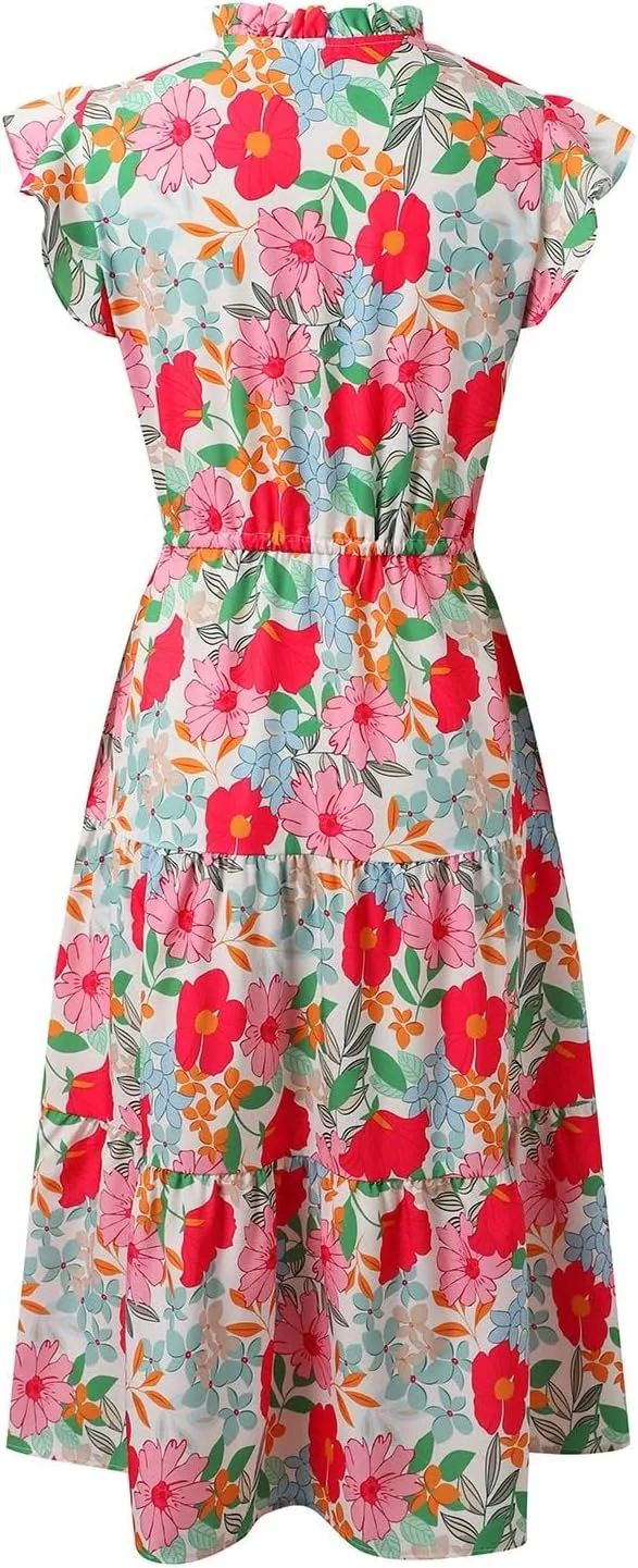 Women's 2025 Summer Floral Boho Dress V Neck Ruffle Sleeve Drawstring Flowy Tiered Midi Beach Dress with Pockets