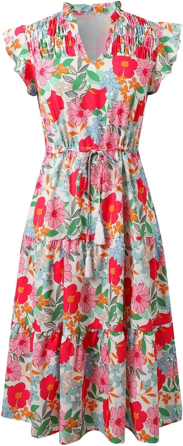 Women's 2025 Summer Floral Boho Dress V Neck Ruffle Sleeve Drawstring Flowy Tiered Midi Beach Dress with Pockets