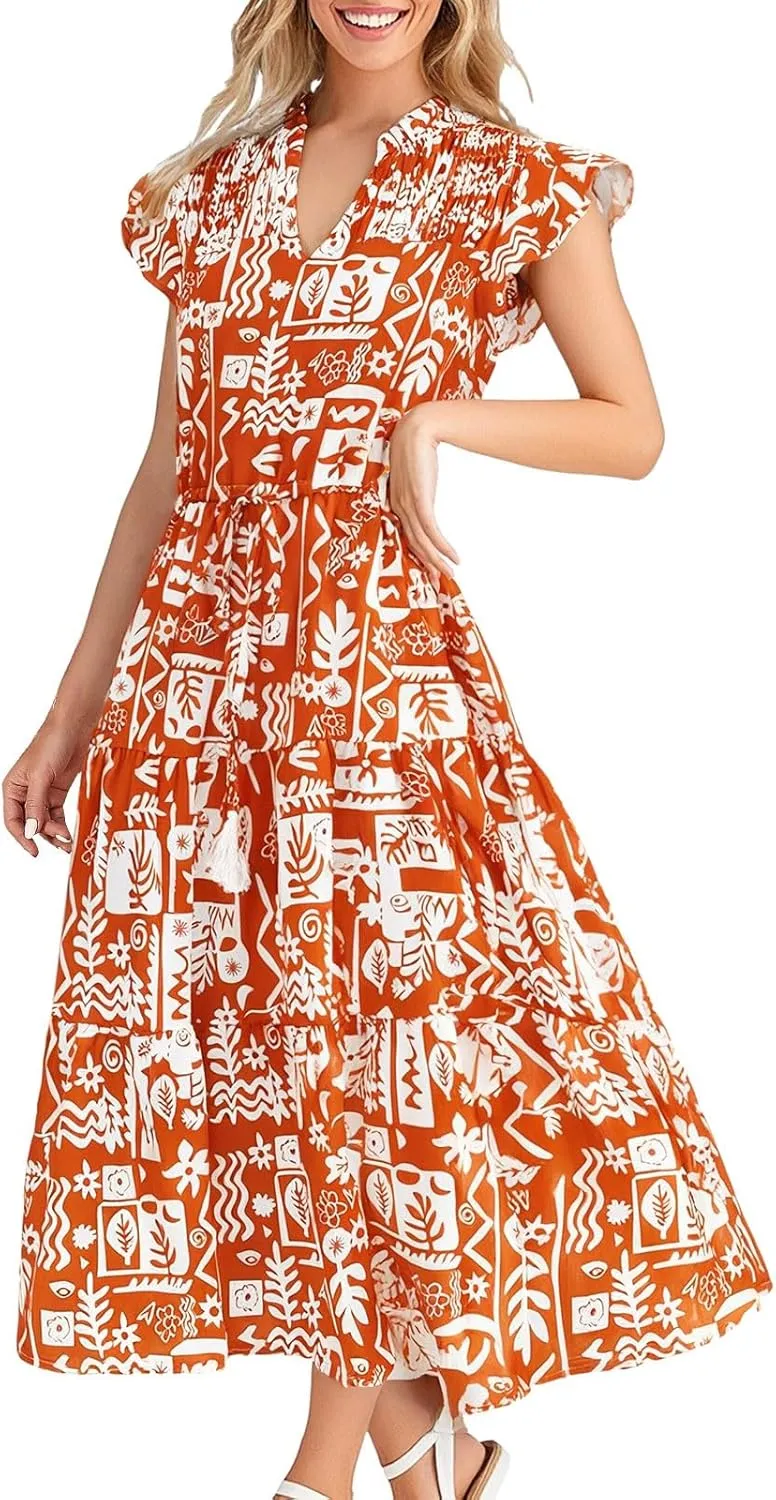 Women's 2025 Summer Floral Boho Dress V Neck Ruffle Sleeve Drawstring Flowy Tiered Midi Beach Dress with Pockets