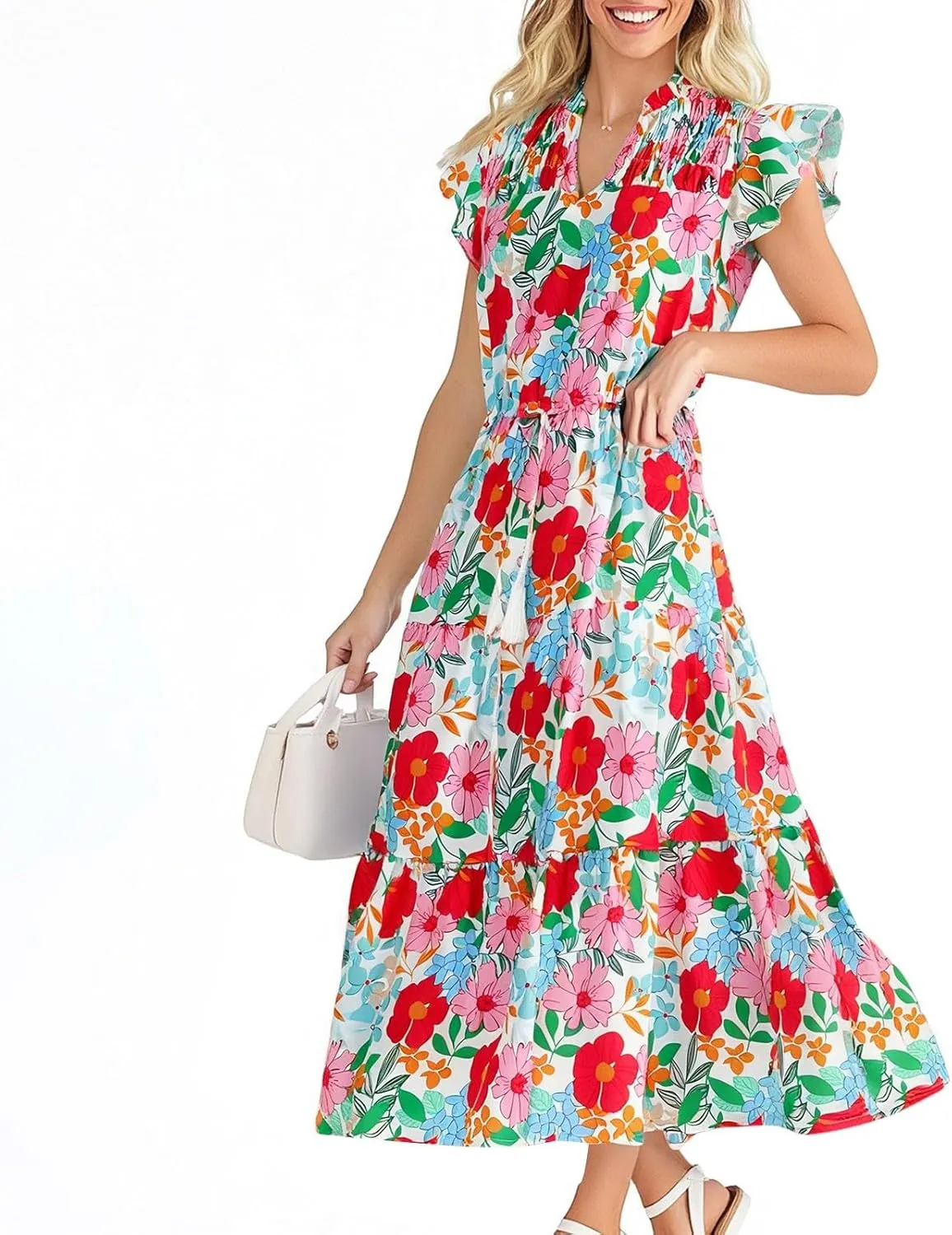 Women's 2025 Summer Floral Boho Dress V Neck Ruffle Sleeve Drawstring Flowy Tiered Midi Beach Dress with Pockets