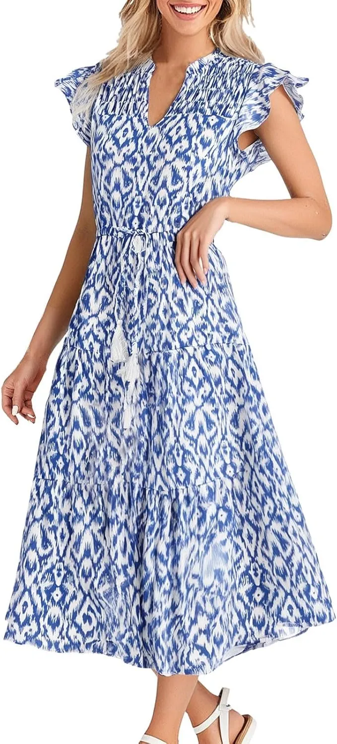 Women's 2025 Summer Floral Boho Dress V Neck Ruffle Sleeve Drawstring Flowy Tiered Midi Beach Dress with Pockets