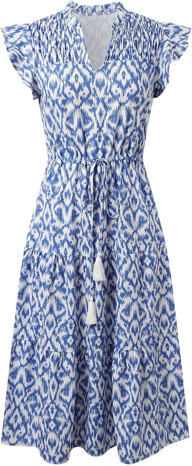 Women's 2025 Summer Floral Boho Dress V Neck Ruffle Sleeve Drawstring Flowy Tiered Midi Beach Dress with Pockets