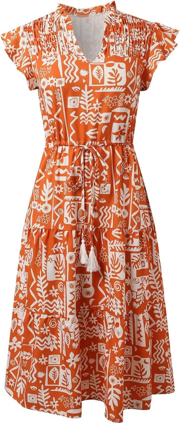 Women's 2025 Summer Floral Boho Dress V Neck Ruffle Sleeve Drawstring Flowy Tiered Midi Beach Dress with Pockets
