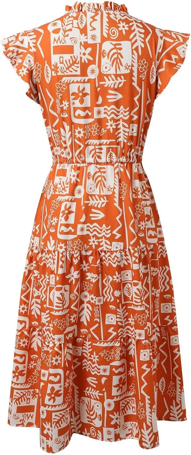 Women's 2025 Summer Floral Boho Dress V Neck Ruffle Sleeve Drawstring Flowy Tiered Midi Beach Dress with Pockets