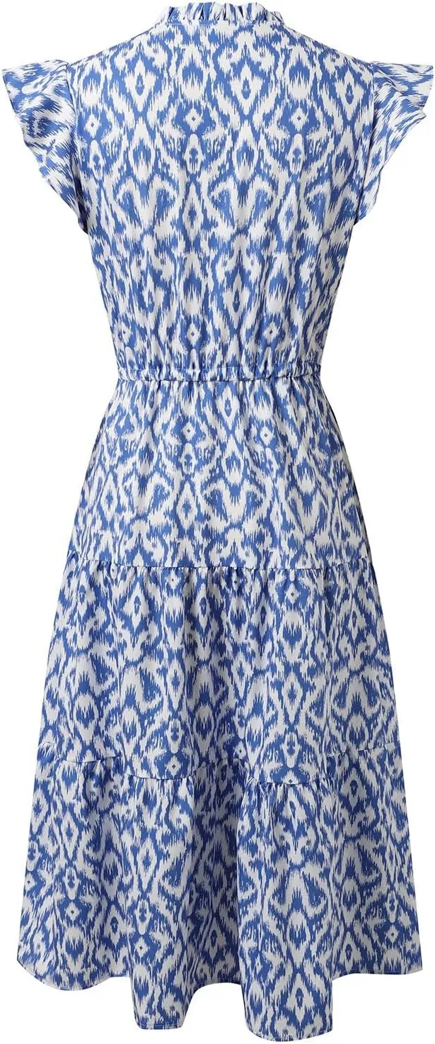 Women's 2025 Summer Floral Boho Dress V Neck Ruffle Sleeve Drawstring Flowy Tiered Midi Beach Dress with Pockets