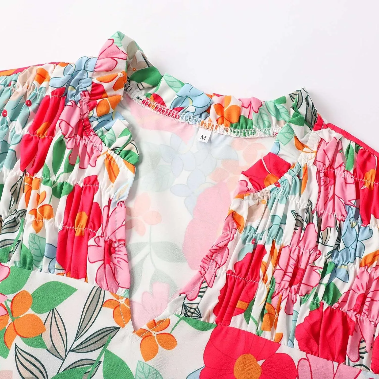 Women's 2025 Summer Floral Boho Dress V Neck Ruffle Sleeve Drawstring Flowy Tiered Midi Beach Dress with Pockets