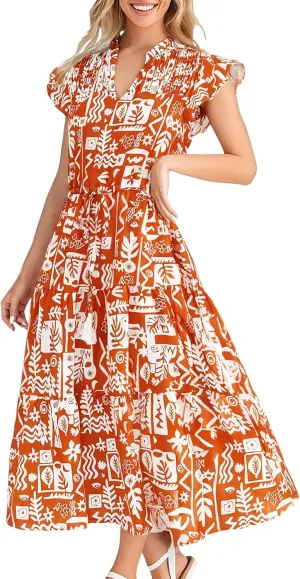 Women's 2025 Summer Floral Boho Dress V Neck Ruffle Sleeve Drawstring Flowy Tiered Midi Beach Dress with Pockets
