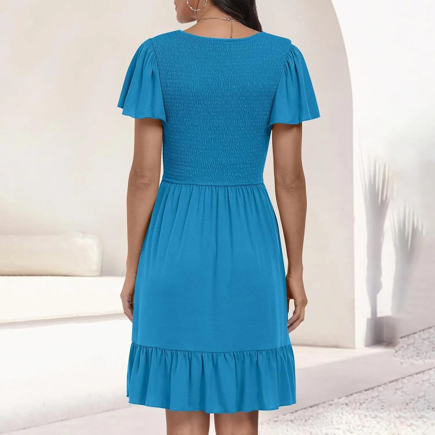 Women's 2025 Summer Graduation Dresses V Neck Flowy Casual Mini Dress Smocked Beach Vacation Trendy Dress with Pockets