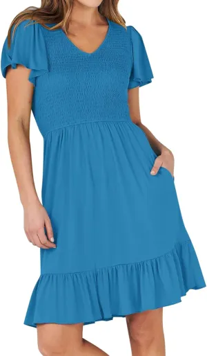 Women's 2025 Summer Graduation Dresses V Neck Flowy Casual Mini Dress Smocked Beach Vacation Trendy Dress with Pockets