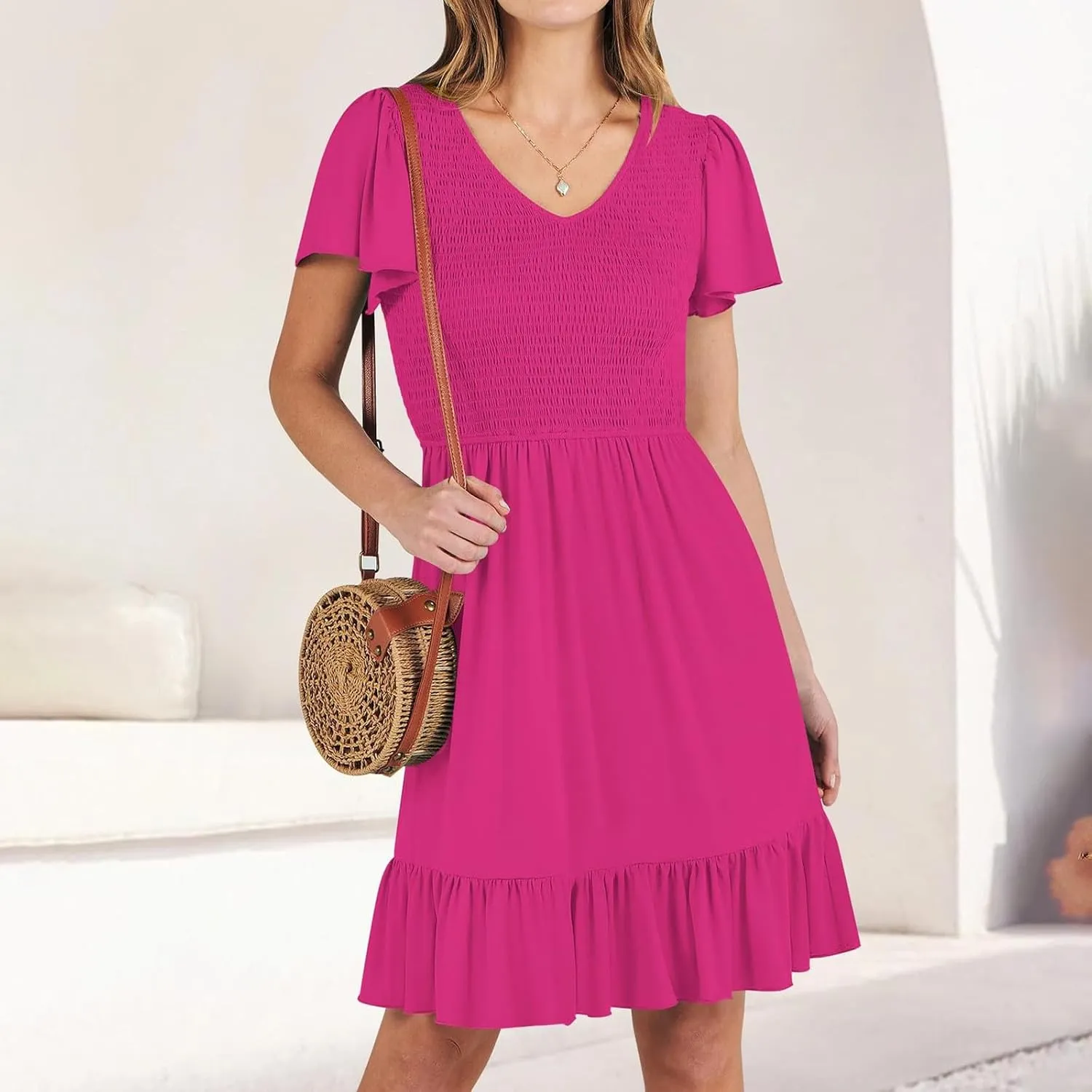 Women's 2025 Summer Graduation Dresses V Neck Flowy Casual Mini Dress Smocked Beach Vacation Trendy Dress with Pockets