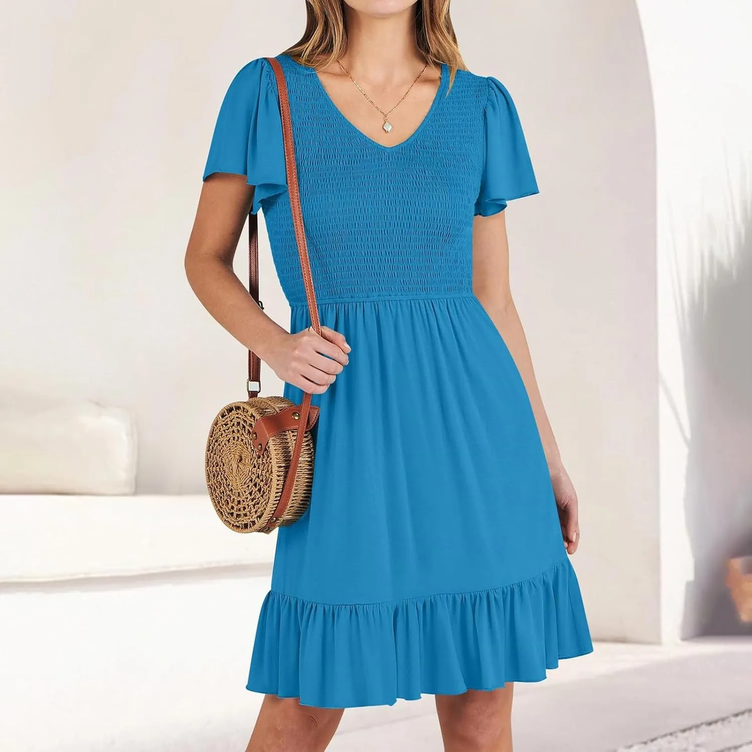 Women's 2025 Summer Graduation Dresses V Neck Flowy Casual Mini Dress Smocked Beach Vacation Trendy Dress with Pockets