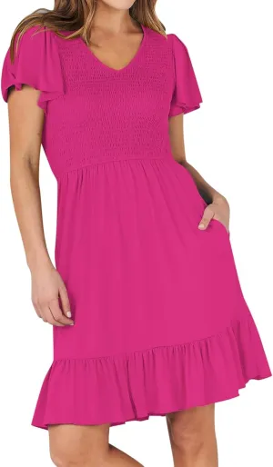 Women's 2025 Summer Graduation Dresses V Neck Flowy Casual Mini Dress Smocked Beach Vacation Trendy Dress with Pockets