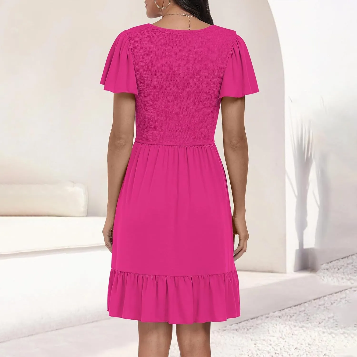 Women's 2025 Summer Graduation Dresses V Neck Flowy Casual Mini Dress Smocked Beach Vacation Trendy Dress with Pockets