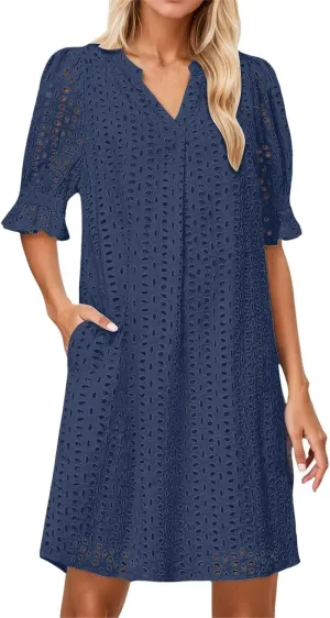 Women's 2025 Summer Short Sleeve Mini Dress V Neck Ruffle Hollow Out Eyelet Lace Dresses Summer Dress for