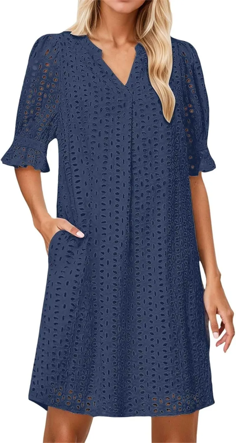 Women's 2025 Summer Short Sleeve Mini Dress V Neck Ruffle Hollow Out Eyelet Lace Dresses Summer Dress for
