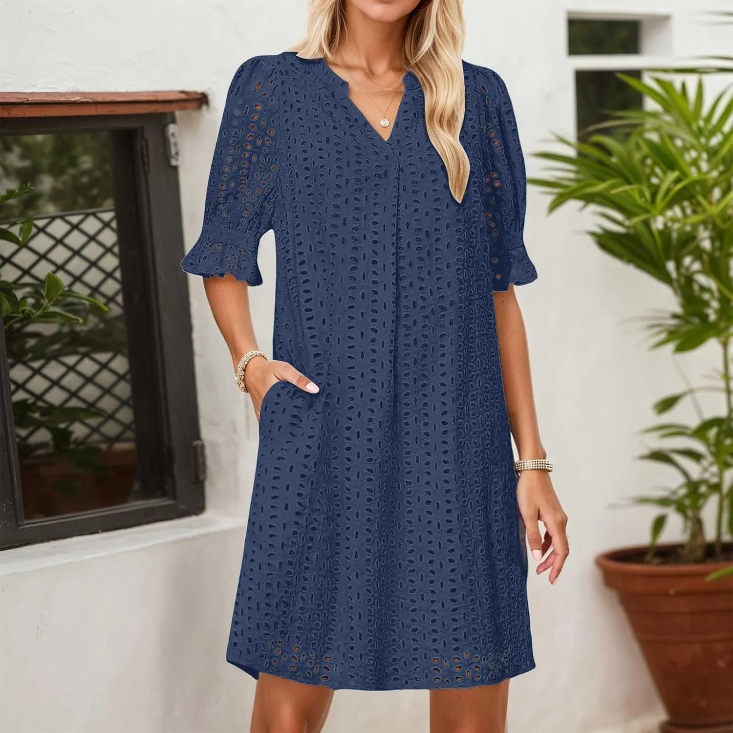 Women's 2025 Summer Short Sleeve Mini Dress V Neck Ruffle Hollow Out Eyelet Lace Dresses Summer Dress for