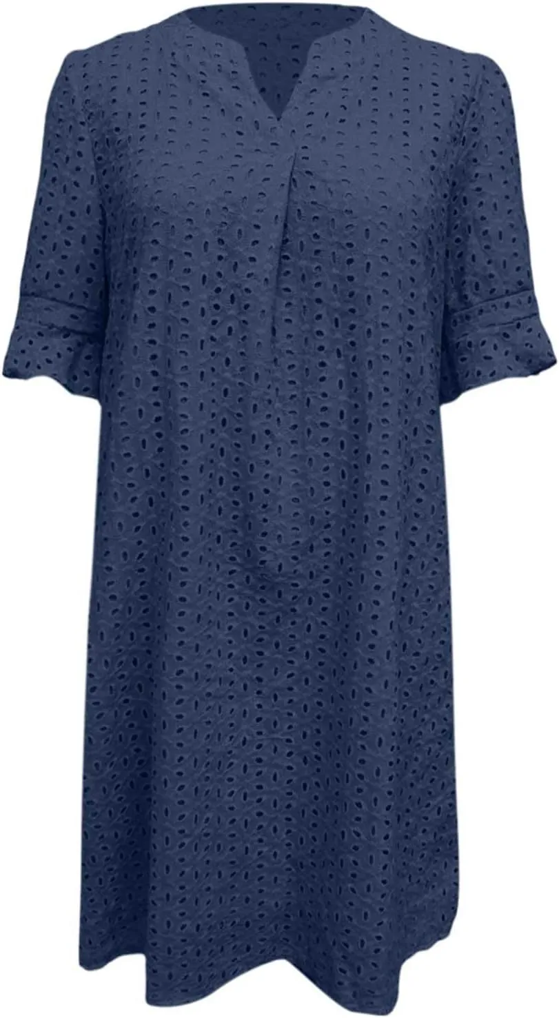Women's 2025 Summer Short Sleeve Mini Dress V Neck Ruffle Hollow Out Eyelet Lace Dresses Summer Dress for