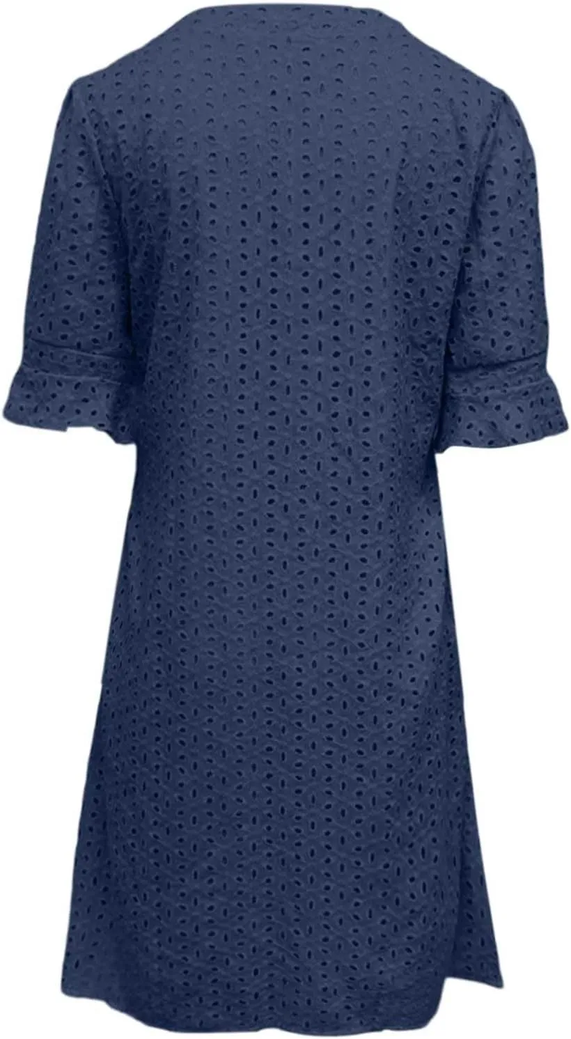 Women's 2025 Summer Short Sleeve Mini Dress V Neck Ruffle Hollow Out Eyelet Lace Dresses Summer Dress for