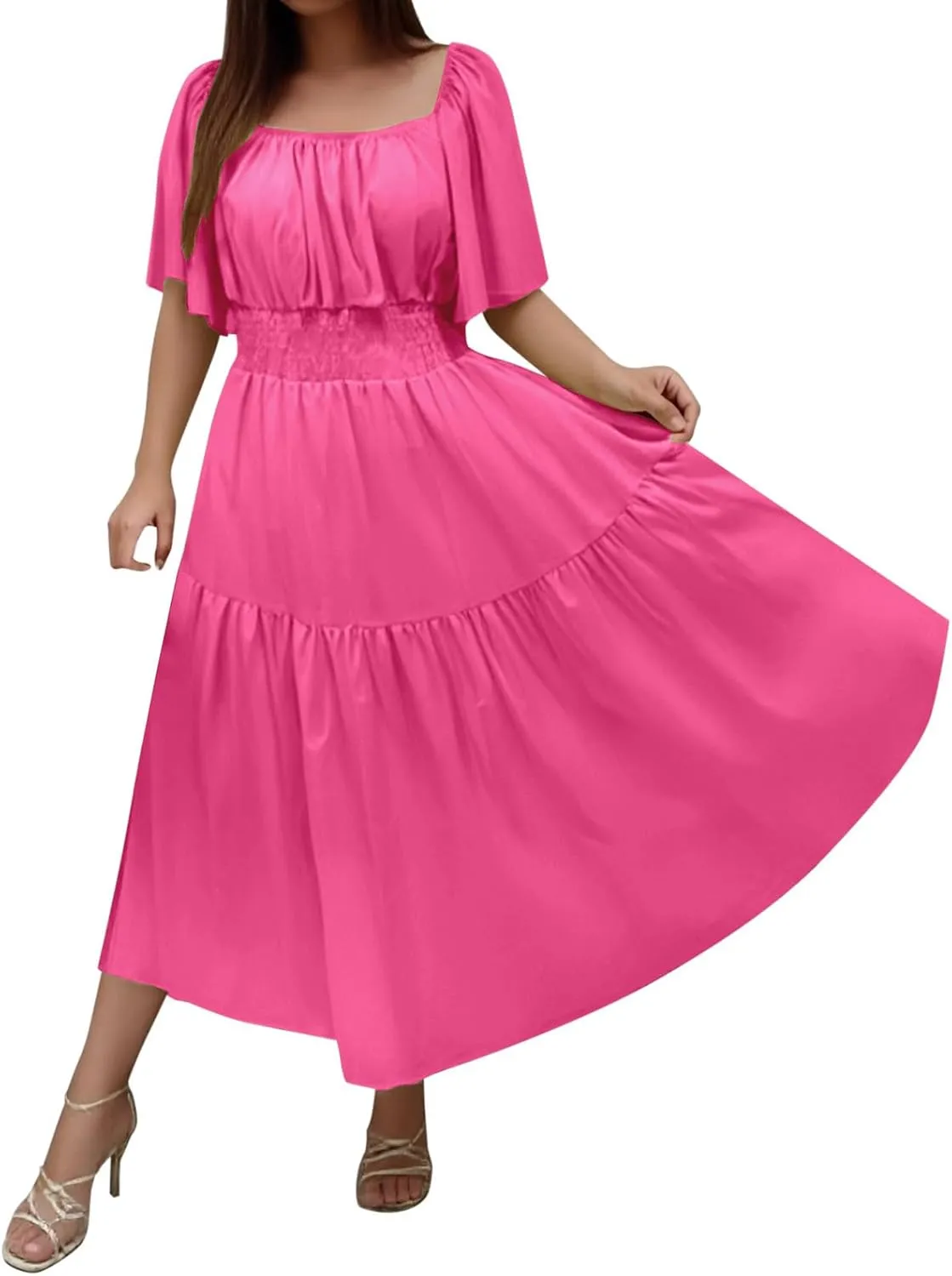 Women's 2025 Summer Square Neck Short Puff Sleeve Solid Color High Waist Casual Smocked Flowy A Line Tiered Midi Dress