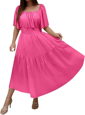 Women's 2025 Summer Square Neck Short Puff Sleeve Solid Color High Waist Casual Smocked Flowy A Line Tiered Midi Dress