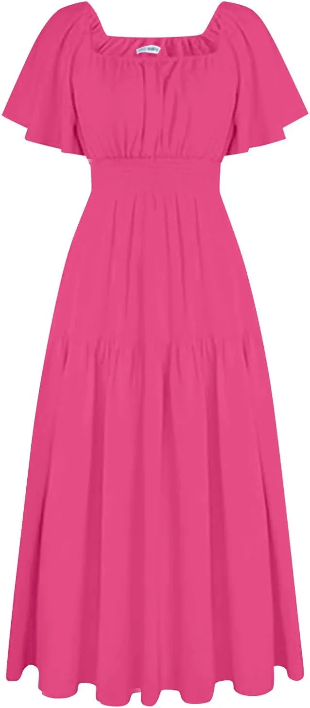 Women's 2025 Summer Square Neck Short Puff Sleeve Solid Color High Waist Casual Smocked Flowy A Line Tiered Midi Dress