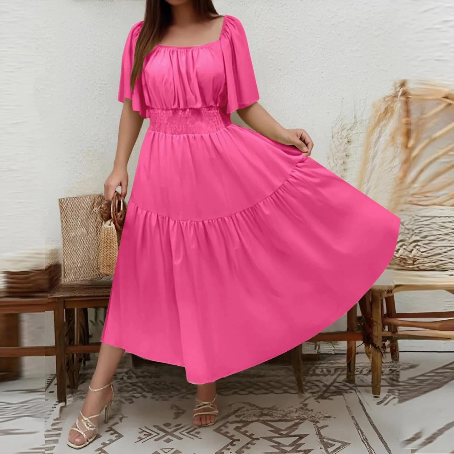 Women's 2025 Summer Square Neck Short Puff Sleeve Solid Color High Waist Casual Smocked Flowy A Line Tiered Midi Dress