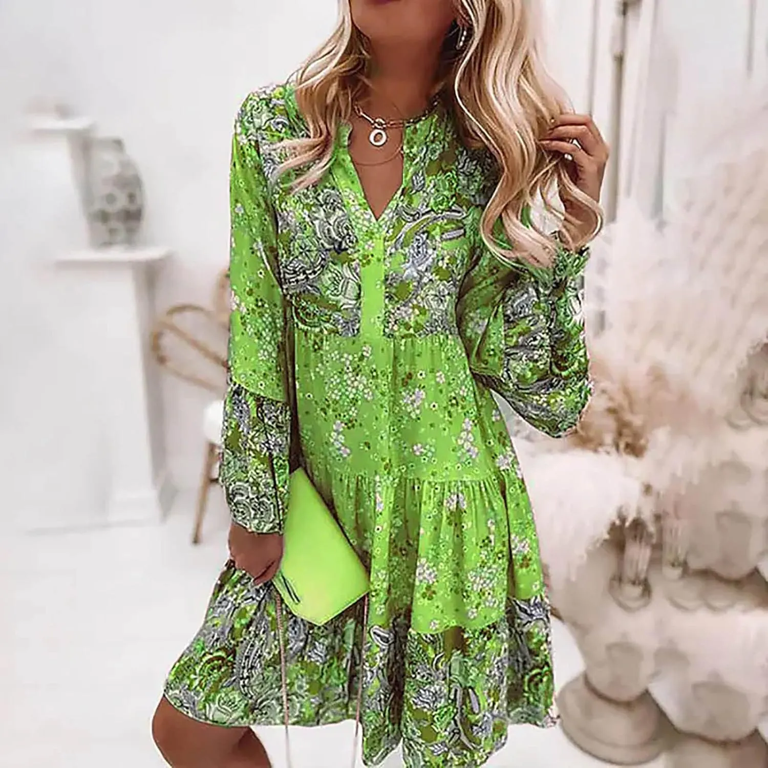 Womens Bohemian Dress Sexy Long Sleeve Mini Fall Dresses Fashion V Neck Long Sleeve Ruffle Pullover Floral 2024