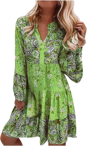 Womens Bohemian Dress Sexy Long Sleeve Mini Fall Dresses Fashion V Neck Long Sleeve Ruffle Pullover Floral 2024