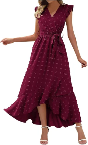 Women's Bohemian Swiss Dot Wrap V Neck Sleeveless Beach Party Maxi Dress Elegant Wedding Guest Sundresses