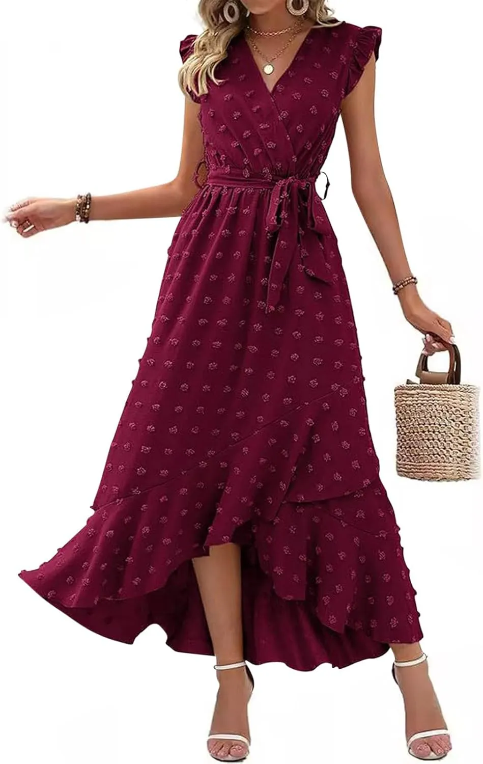 Women's Bohemian Swiss Dot Wrap V Neck Sleeveless Beach Party Maxi Dress Elegant Wedding Guest Sundresses