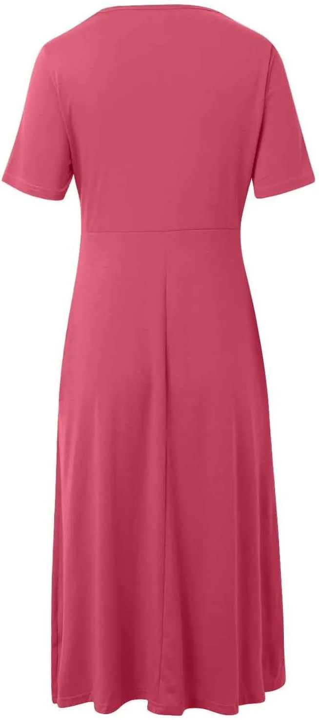 Womens Casual Dress for Summer Short Sleeve Pleated Dress Loose Flowy Beach Dress with Pockets Flare Midi Sundress