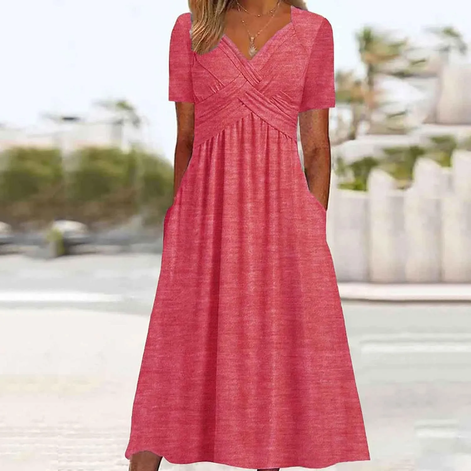 Womens Casual Dress for Summer Short Sleeve Pleated Dress Loose Flowy Beach Dress with Pockets Flare Midi Sundress