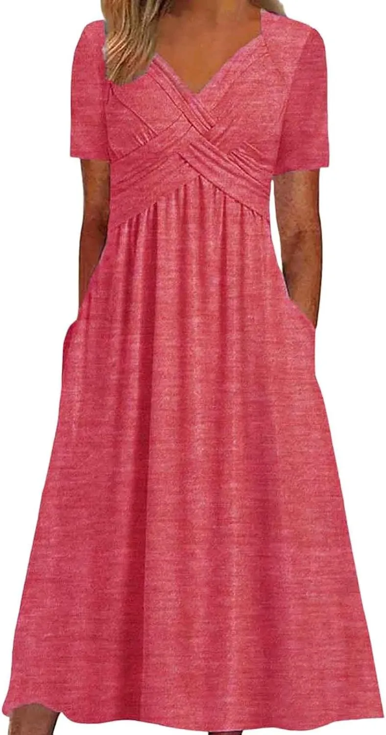 Womens Casual Dress for Summer Short Sleeve Pleated Dress Loose Flowy Beach Dress with Pockets Flare Midi Sundress