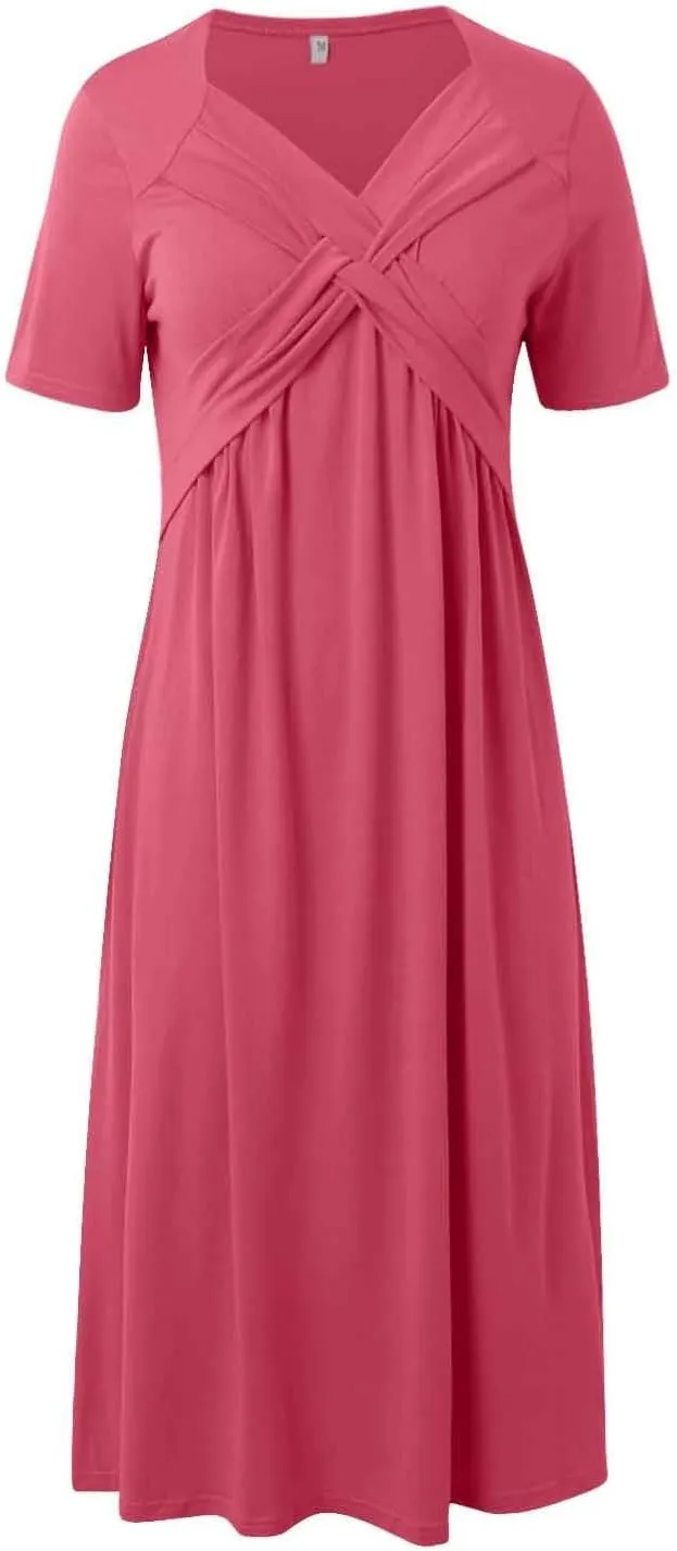 Womens Casual Dress for Summer Short Sleeve Pleated Dress Loose Flowy Beach Dress with Pockets Flare Midi Sundress