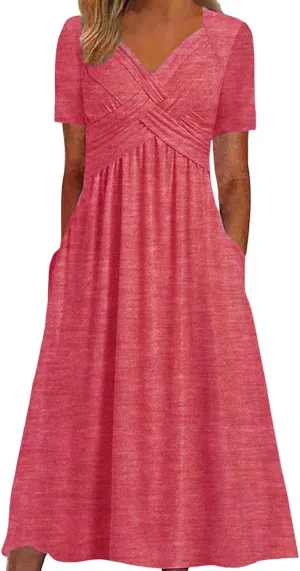 Womens Casual Dress for Summer Short Sleeve Pleated Dress Loose Flowy Beach Dress with Pockets Flare Midi Sundress