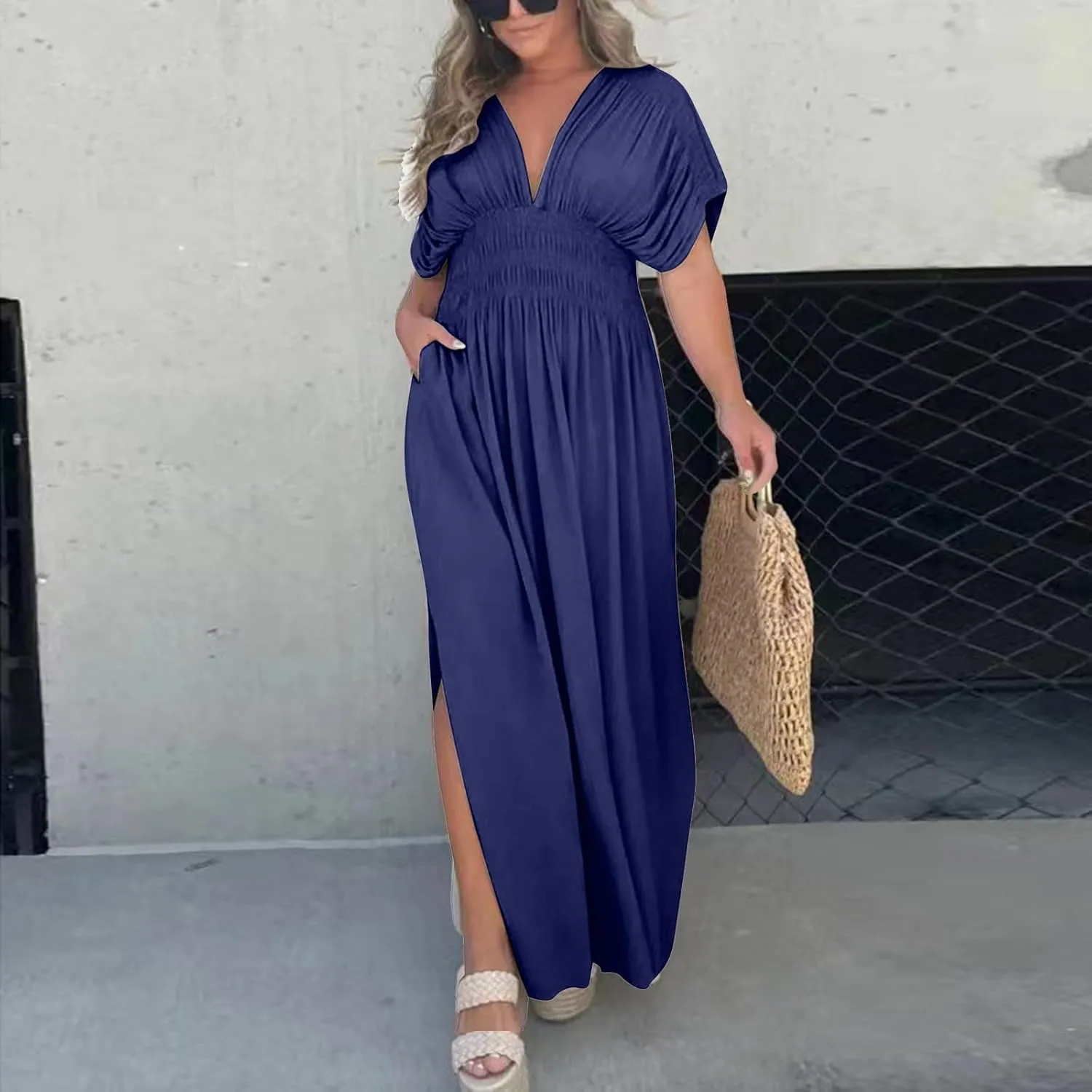 Women's Casual Maxi Dresses Ruffle Sleeve Smocked Dress High Waisted Plus Size Long Dresses Split Flowy Sundress