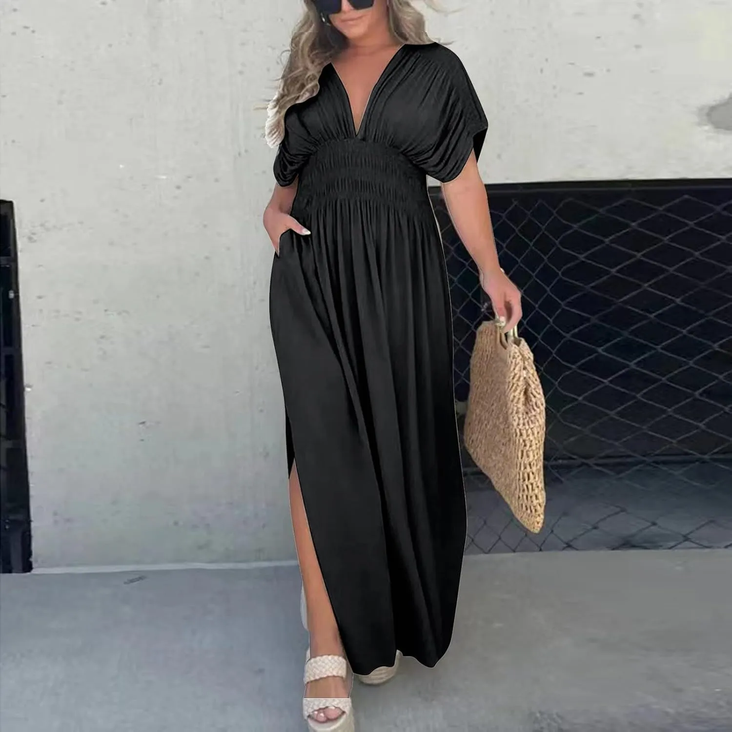 Women's Casual Maxi Dresses Ruffle Sleeve Smocked Dress High Waisted Plus Size Long Dresses Split Flowy Sundress