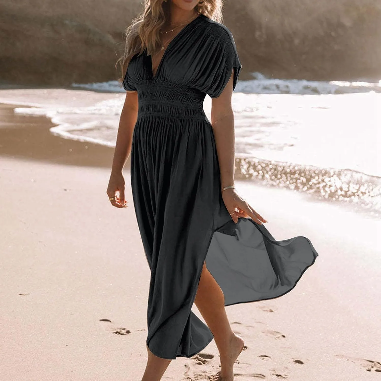 Women's Casual Maxi Dresses Ruffle Sleeve Smocked Dress High Waisted Plus Size Long Dresses Split Flowy Sundress