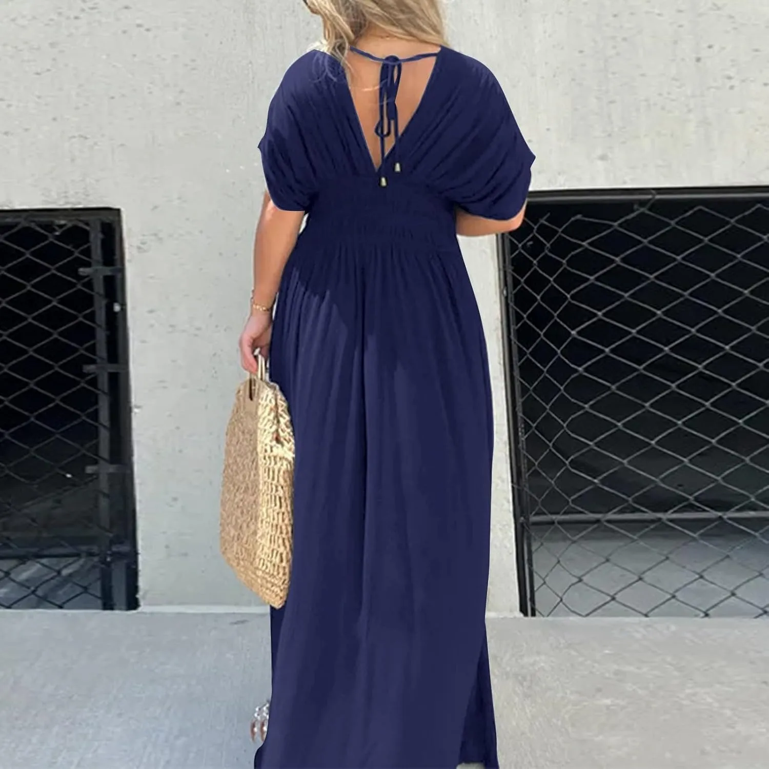 Women's Casual Maxi Dresses Ruffle Sleeve Smocked Dress High Waisted Plus Size Long Dresses Split Flowy Sundress