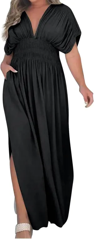 Women's Casual Maxi Dresses Ruffle Sleeve Smocked Dress High Waisted Plus Size Long Dresses Split Flowy Sundress