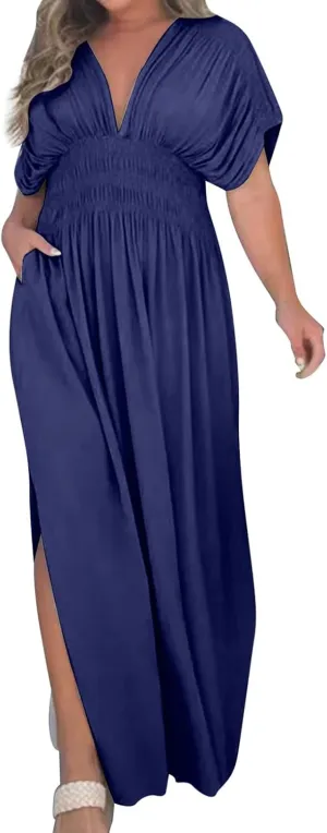 Women's Casual Maxi Dresses Ruffle Sleeve Smocked Dress High Waisted Plus Size Long Dresses Split Flowy Sundress