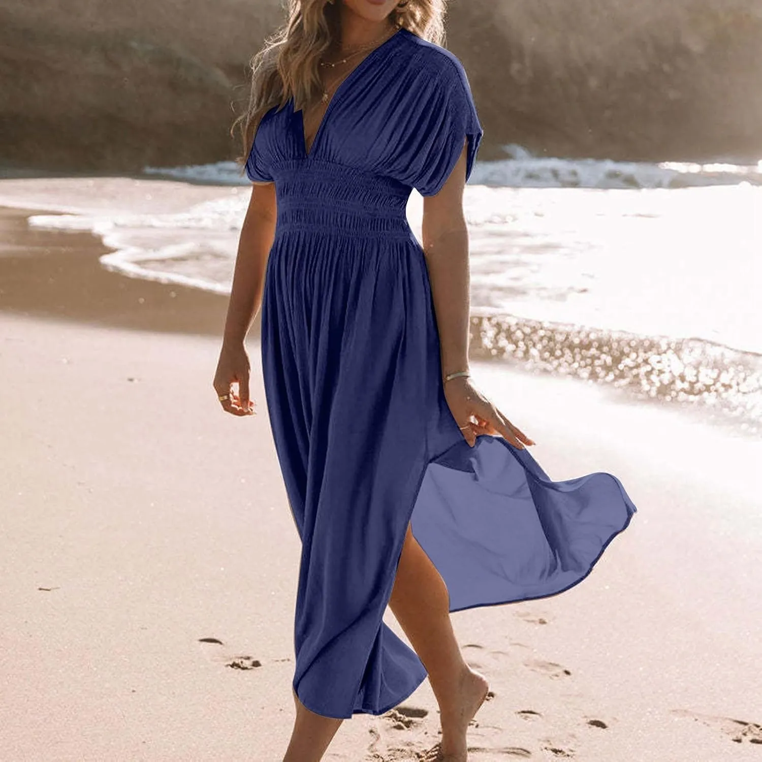 Women's Casual Maxi Dresses Ruffle Sleeve Smocked Dress High Waisted Plus Size Long Dresses Split Flowy Sundress