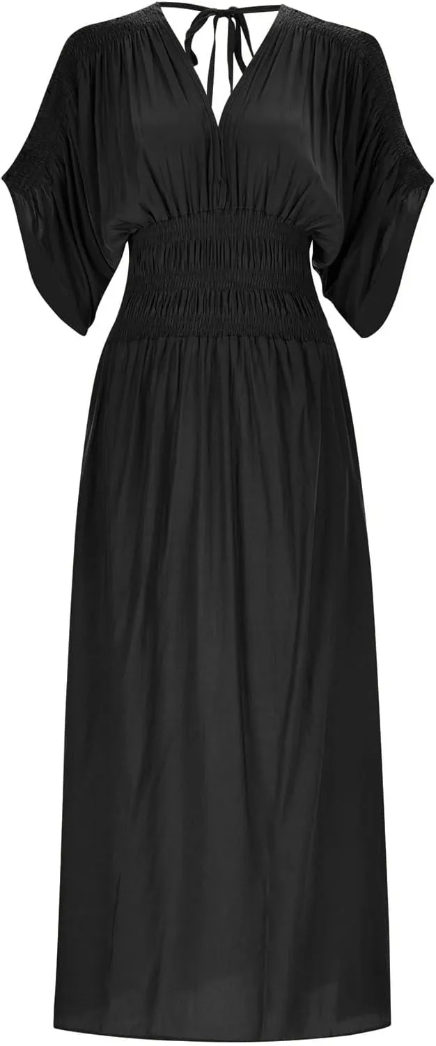 Women's Casual Maxi Dresses Ruffle Sleeve Smocked Dress High Waisted Plus Size Long Dresses Split Flowy Sundress