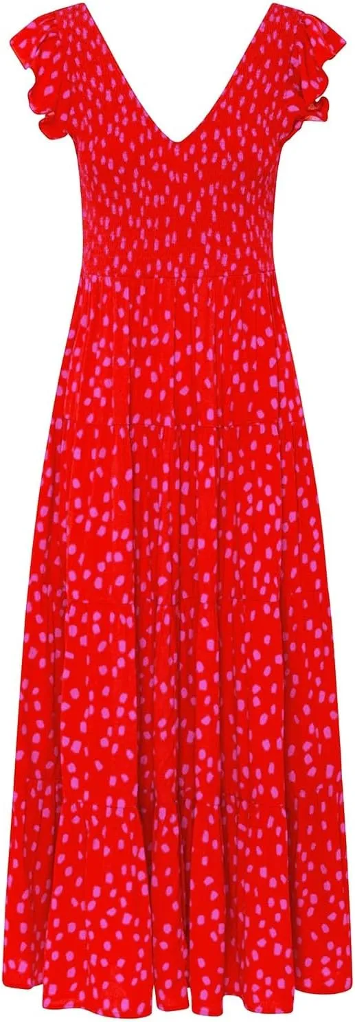 Women's Casual Maxi Dresses Ruffle Sleeve Smocked Dress High Waisted Plus Size Long Dresses Split Flowy Sundress
